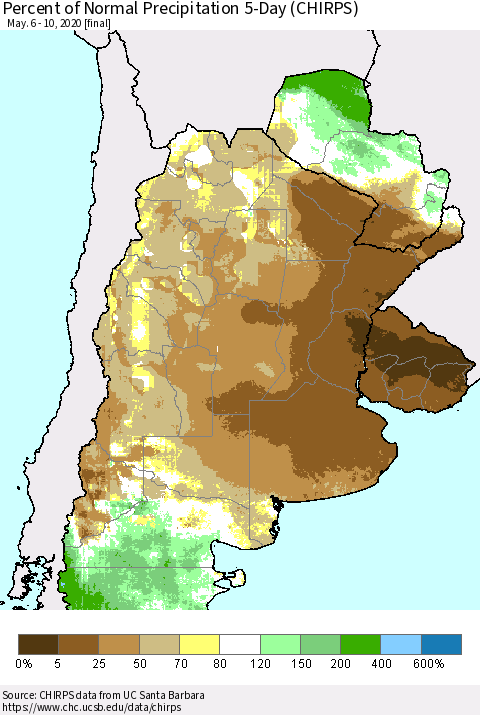 Southern South America Percent of Normal Precipitation 5-Day (CHIRPS) Thematic Map For 5/6/2020 - 5/10/2020