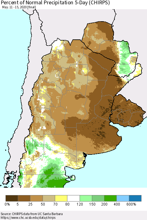 Southern South America Percent of Normal Precipitation 5-Day (CHIRPS) Thematic Map For 5/11/2020 - 5/15/2020