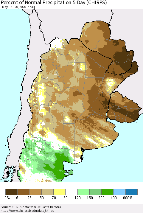 Southern South America Percent of Normal Precipitation 5-Day (CHIRPS) Thematic Map For 5/16/2020 - 5/20/2020