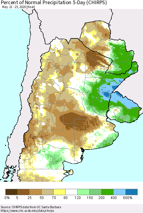 Southern South America Percent of Normal Precipitation 5-Day (CHIRPS) Thematic Map For 5/21/2020 - 5/25/2020