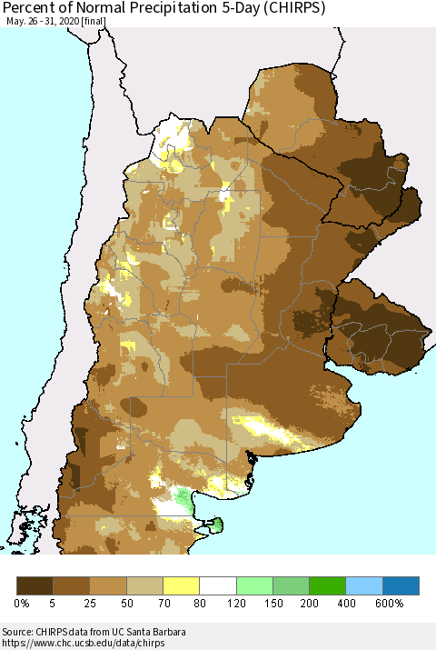 Southern South America Percent of Normal Precipitation 5-Day (CHIRPS) Thematic Map For 5/26/2020 - 5/31/2020