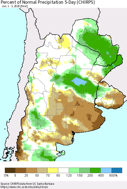 Southern South America Percent of Normal Precipitation 5-Day (CHIRPS) Thematic Map For 6/1/2020 - 6/5/2020