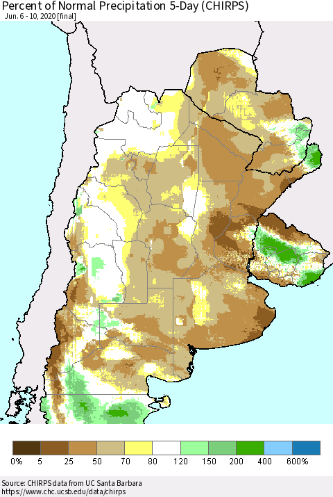 Southern South America Percent of Normal Precipitation 5-Day (CHIRPS) Thematic Map For 6/6/2020 - 6/10/2020