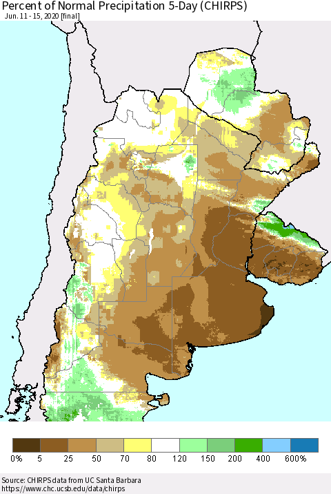 Southern South America Percent of Normal Precipitation 5-Day (CHIRPS) Thematic Map For 6/11/2020 - 6/15/2020