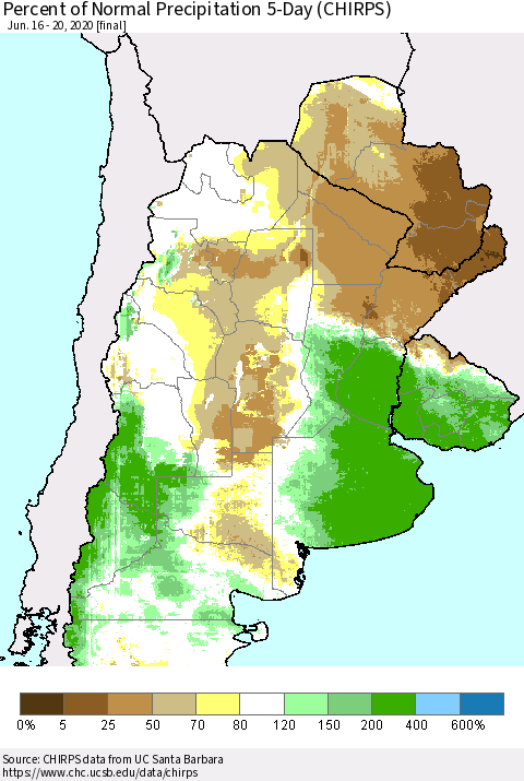 Southern South America Percent of Normal Precipitation 5-Day (CHIRPS) Thematic Map For 6/16/2020 - 6/20/2020