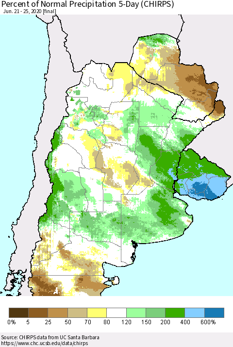 Southern South America Percent of Normal Precipitation 5-Day (CHIRPS) Thematic Map For 6/21/2020 - 6/25/2020