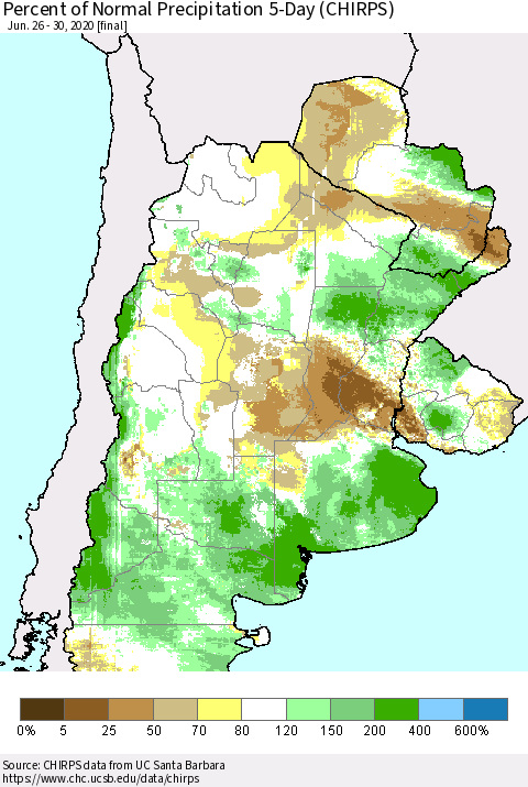 Southern South America Percent of Normal Precipitation 5-Day (CHIRPS) Thematic Map For 6/26/2020 - 6/30/2020
