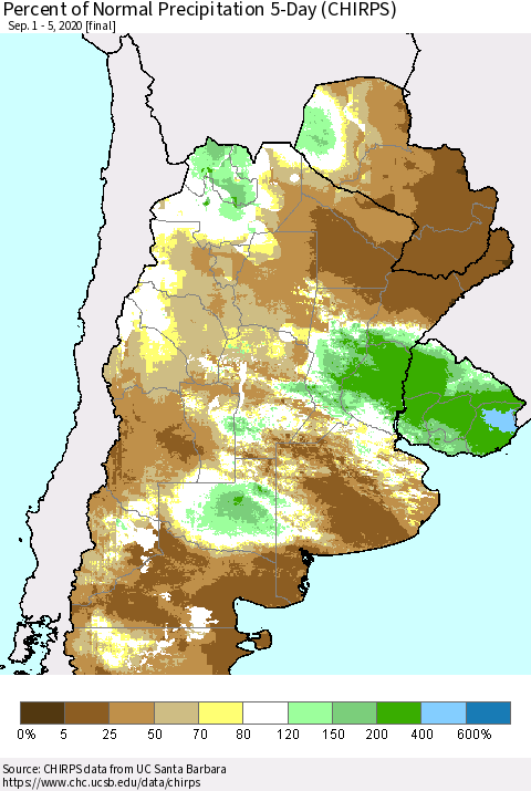 Southern South America Percent of Normal Precipitation 5-Day (CHIRPS) Thematic Map For 9/1/2020 - 9/5/2020