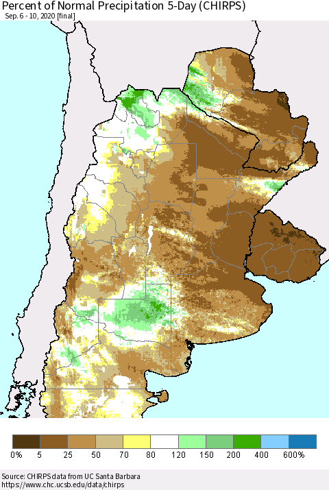 Southern South America Percent of Normal Precipitation 5-Day (CHIRPS) Thematic Map For 9/6/2020 - 9/10/2020