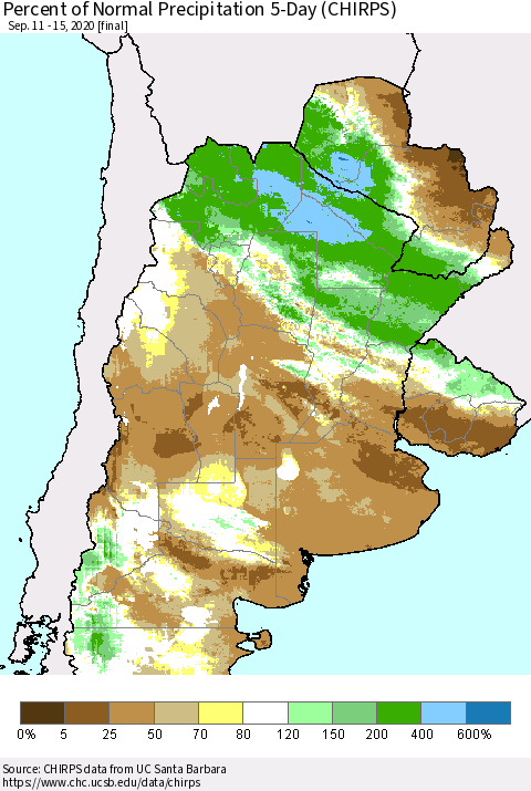 Southern South America Percent of Normal Precipitation 5-Day (CHIRPS) Thematic Map For 9/11/2020 - 9/15/2020