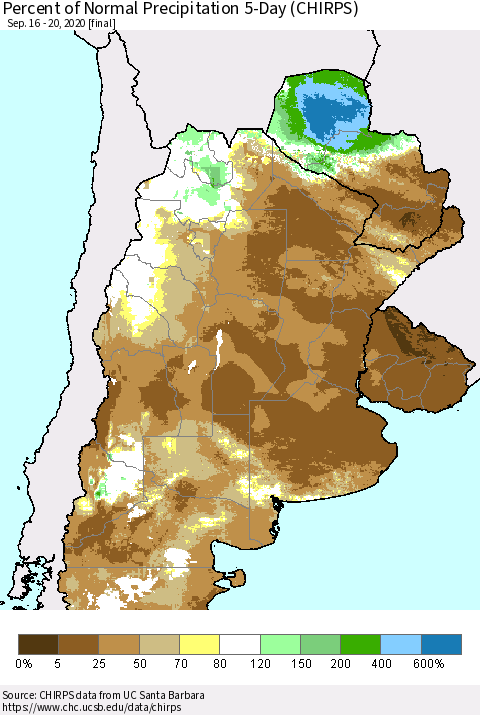 Southern South America Percent of Normal Precipitation 5-Day (CHIRPS) Thematic Map For 9/16/2020 - 9/20/2020