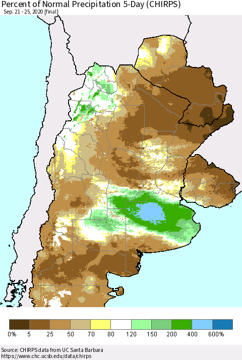 Southern South America Percent of Normal Precipitation 5-Day (CHIRPS) Thematic Map For 9/21/2020 - 9/25/2020