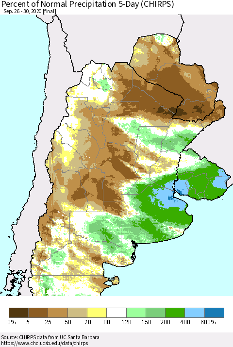 Southern South America Percent of Normal Precipitation 5-Day (CHIRPS) Thematic Map For 9/26/2020 - 9/30/2020