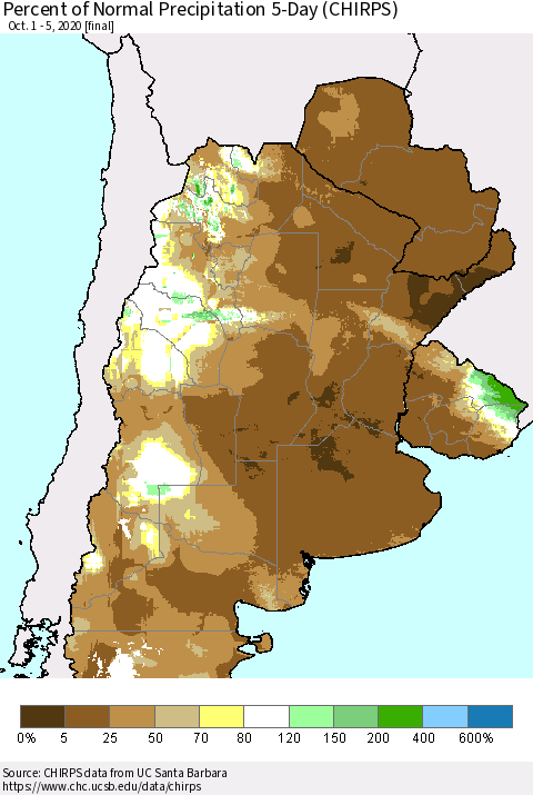Southern South America Percent of Normal Precipitation 5-Day (CHIRPS) Thematic Map For 10/1/2020 - 10/5/2020