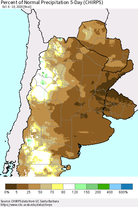 Southern South America Percent of Normal Precipitation 5-Day (CHIRPS) Thematic Map For 10/6/2020 - 10/10/2020