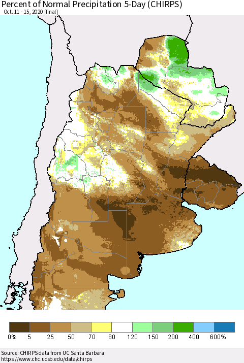 Southern South America Percent of Normal Precipitation 5-Day (CHIRPS) Thematic Map For 10/11/2020 - 10/15/2020