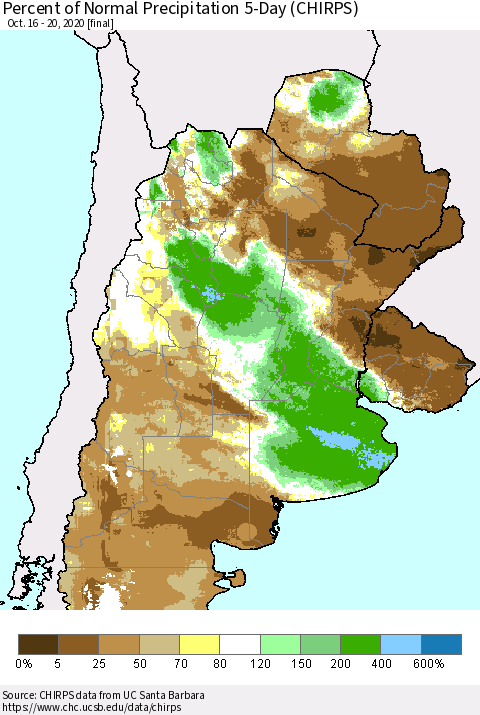 Southern South America Percent of Normal Precipitation 5-Day (CHIRPS) Thematic Map For 10/16/2020 - 10/20/2020