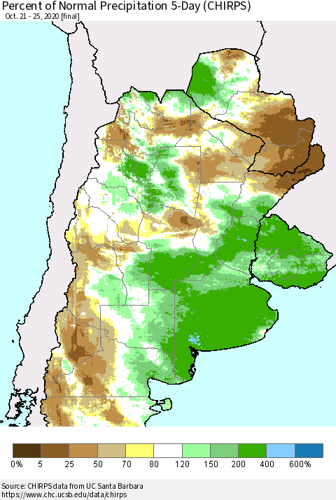 Southern South America Percent of Normal Precipitation 5-Day (CHIRPS) Thematic Map For 10/21/2020 - 10/25/2020