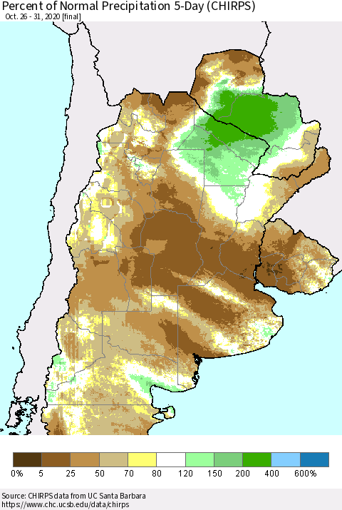 Southern South America Percent of Normal Precipitation 5-Day (CHIRPS) Thematic Map For 10/26/2020 - 10/31/2020