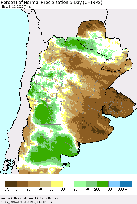 Southern South America Percent of Normal Precipitation 5-Day (CHIRPS) Thematic Map For 11/6/2020 - 11/10/2020