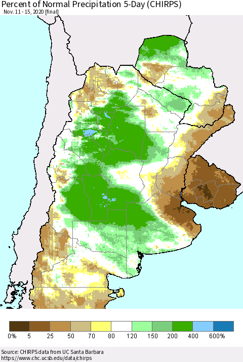Southern South America Percent of Normal Precipitation 5-Day (CHIRPS) Thematic Map For 11/11/2020 - 11/15/2020