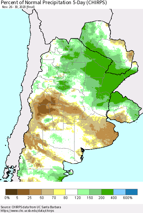Southern South America Percent of Normal Precipitation 5-Day (CHIRPS) Thematic Map For 11/26/2020 - 11/30/2020