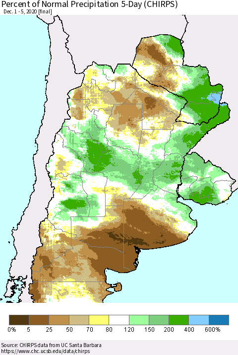 Southern South America Percent of Normal Precipitation 5-Day (CHIRPS) Thematic Map For 12/1/2020 - 12/5/2020