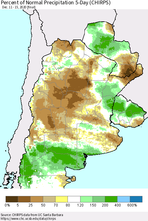 Southern South America Percent of Normal Precipitation 5-Day (CHIRPS) Thematic Map For 12/11/2020 - 12/15/2020