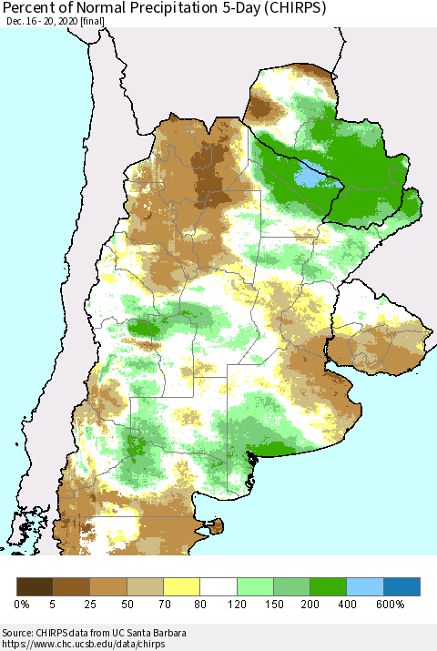Southern South America Percent of Normal Precipitation 5-Day (CHIRPS) Thematic Map For 12/16/2020 - 12/20/2020