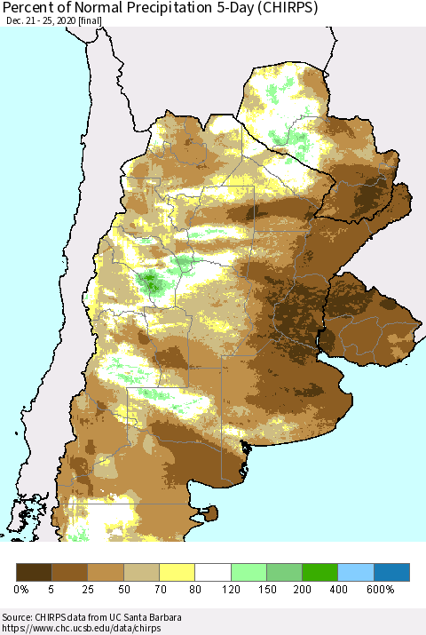 Southern South America Percent of Normal Precipitation 5-Day (CHIRPS) Thematic Map For 12/21/2020 - 12/25/2020