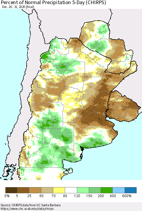 Southern South America Percent of Normal Precipitation 5-Day (CHIRPS) Thematic Map For 12/26/2020 - 12/31/2020