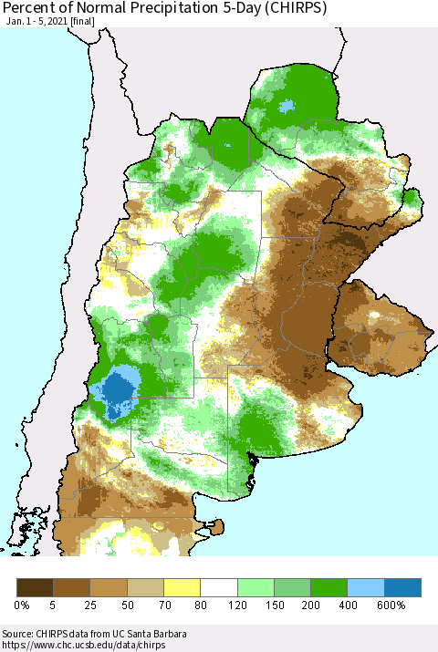 Southern South America Percent of Normal Precipitation 5-Day (CHIRPS) Thematic Map For 1/1/2021 - 1/5/2021