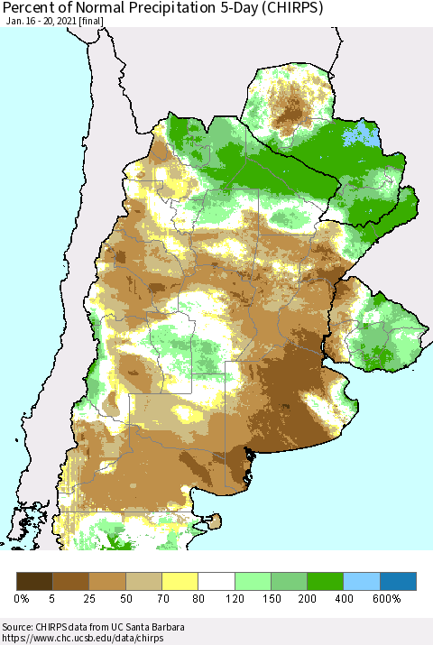 Southern South America Percent of Normal Precipitation 5-Day (CHIRPS) Thematic Map For 1/16/2021 - 1/20/2021