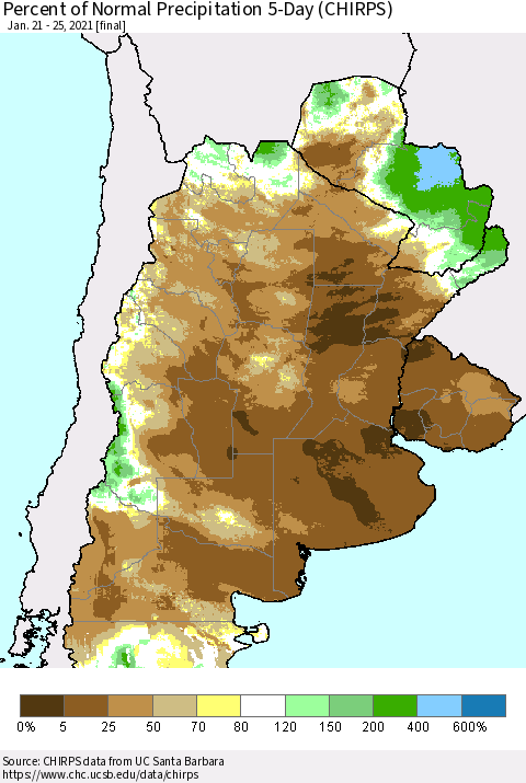 Southern South America Percent of Normal Precipitation 5-Day (CHIRPS) Thematic Map For 1/21/2021 - 1/25/2021