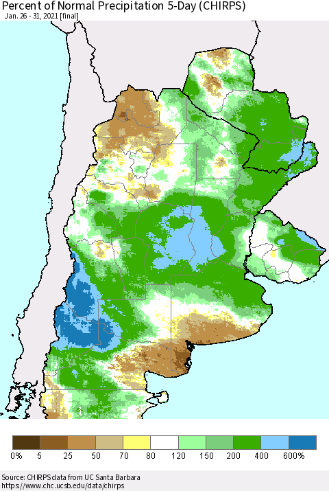 Southern South America Percent of Normal Precipitation 5-Day (CHIRPS) Thematic Map For 1/26/2021 - 1/31/2021