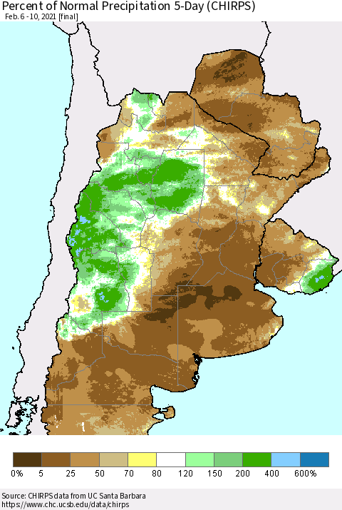 Southern South America Percent of Normal Precipitation 5-Day (CHIRPS) Thematic Map For 2/6/2021 - 2/10/2021
