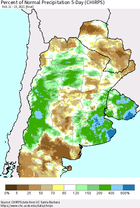 Southern South America Percent of Normal Precipitation 5-Day (CHIRPS) Thematic Map For 2/11/2021 - 2/15/2021