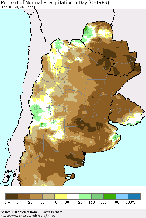 Southern South America Percent of Normal Precipitation 5-Day (CHIRPS) Thematic Map For 2/16/2021 - 2/20/2021