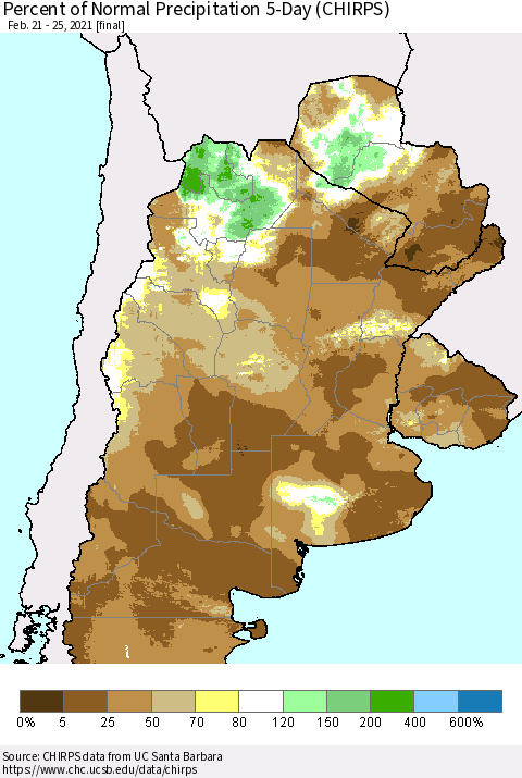 Southern South America Percent of Normal Precipitation 5-Day (CHIRPS) Thematic Map For 2/21/2021 - 2/25/2021