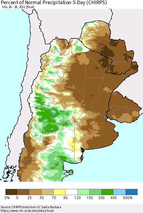 Southern South America Percent of Normal Precipitation 5-Day (CHIRPS) Thematic Map For 2/26/2021 - 2/28/2021