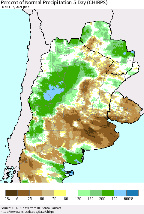 Southern South America Percent of Normal Precipitation 5-Day (CHIRPS) Thematic Map For 3/1/2021 - 3/5/2021