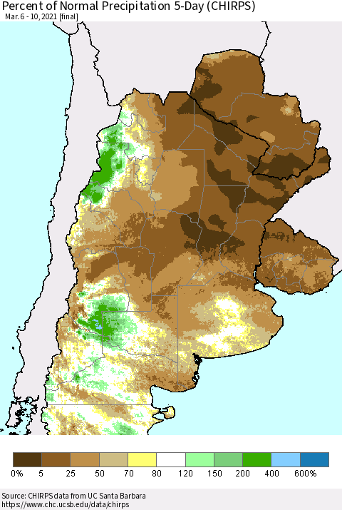 Southern South America Percent of Normal Precipitation 5-Day (CHIRPS) Thematic Map For 3/6/2021 - 3/10/2021