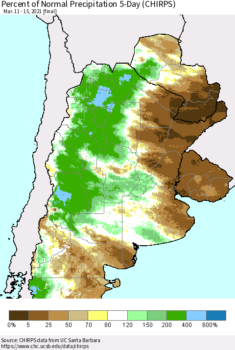Southern South America Percent of Normal Precipitation 5-Day (CHIRPS) Thematic Map For 3/11/2021 - 3/15/2021
