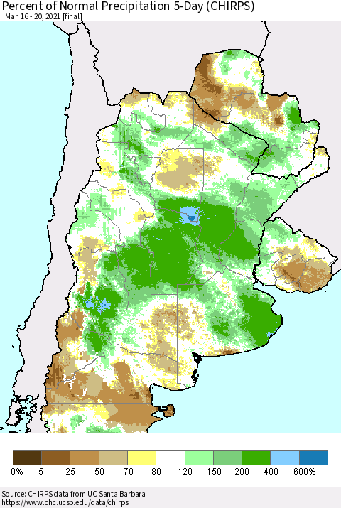 Southern South America Percent of Normal Precipitation 5-Day (CHIRPS) Thematic Map For 3/16/2021 - 3/20/2021