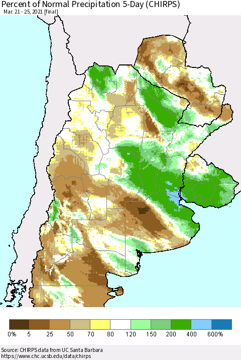 Southern South America Percent of Normal Precipitation 5-Day (CHIRPS) Thematic Map For 3/21/2021 - 3/25/2021