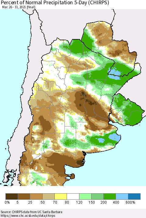 Southern South America Percent of Normal Precipitation 5-Day (CHIRPS) Thematic Map For 3/26/2021 - 3/31/2021