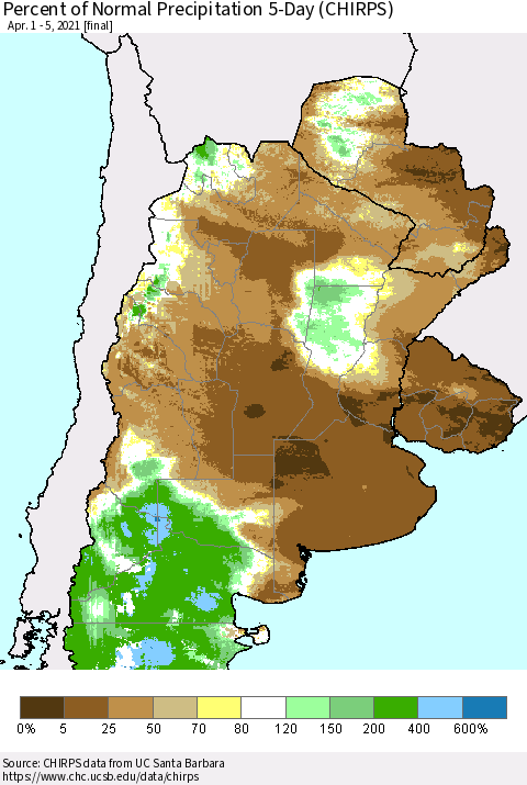 Southern South America Percent of Normal Precipitation 5-Day (CHIRPS) Thematic Map For 4/1/2021 - 4/5/2021