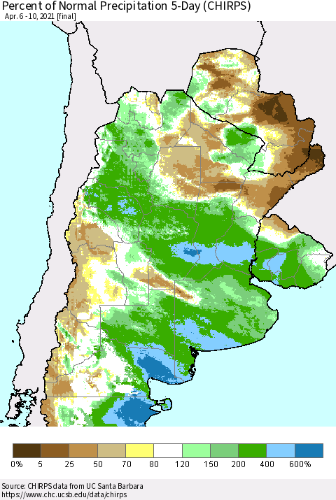 Southern South America Percent of Normal Precipitation 5-Day (CHIRPS) Thematic Map For 4/6/2021 - 4/10/2021