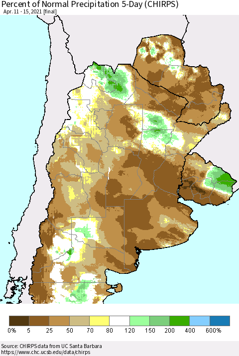 Southern South America Percent of Normal Precipitation 5-Day (CHIRPS) Thematic Map For 4/11/2021 - 4/15/2021