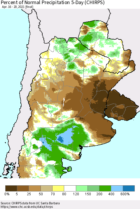 Southern South America Percent of Normal Precipitation 5-Day (CHIRPS) Thematic Map For 4/16/2021 - 4/20/2021